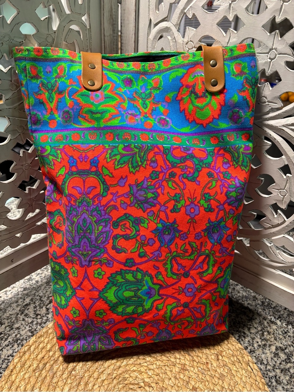 Colorful Floral Canvas Tote Bag with Leather Handles - Picture 11 of 11